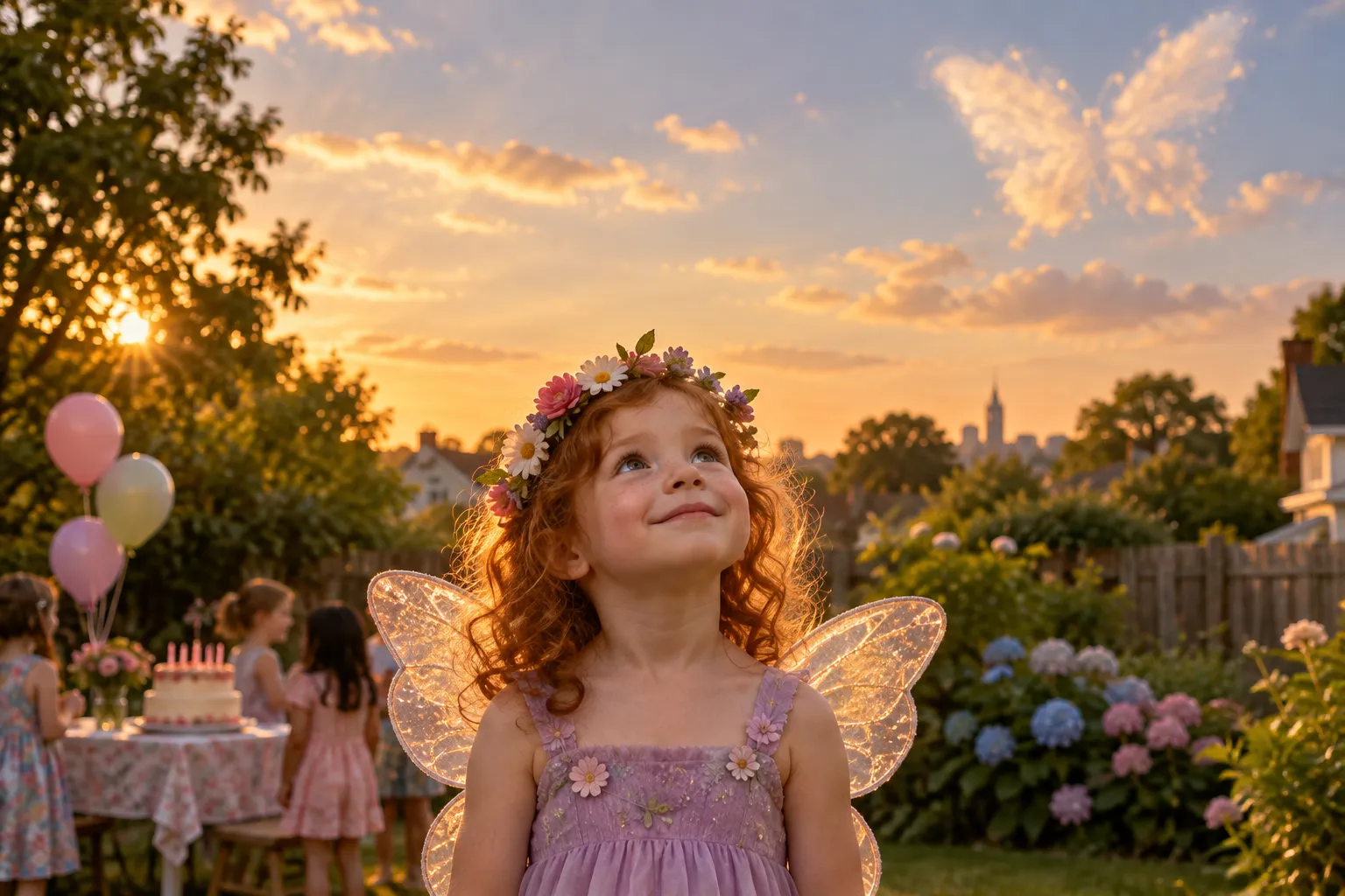 A girl in fairy wings at a backyard birthday party in Hartford, Connecticut, looking up at the sky