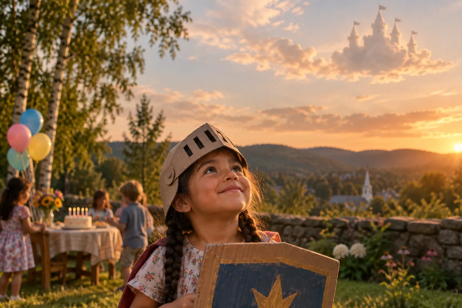 A girl in a knight helmet at a backyard birthday party in Montpelier, Vermont, looking up at the sky