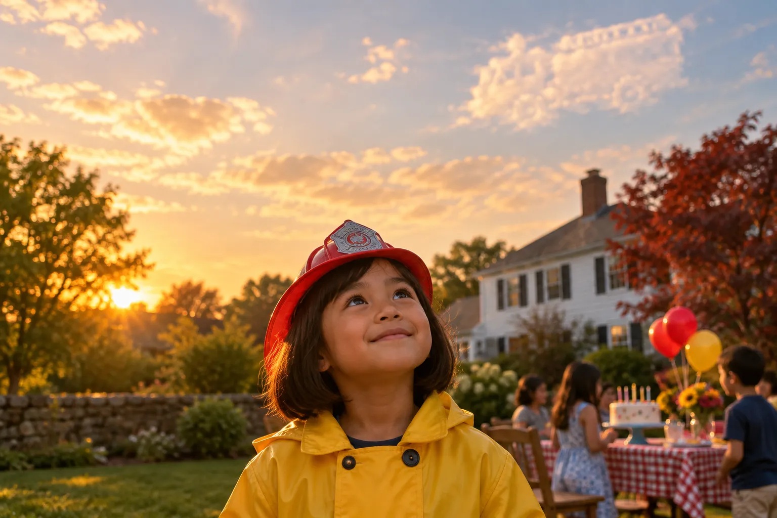 A girl in a firefighter helmet at a backyard birthday party in New Haven, Connecticut, looking up at the sky