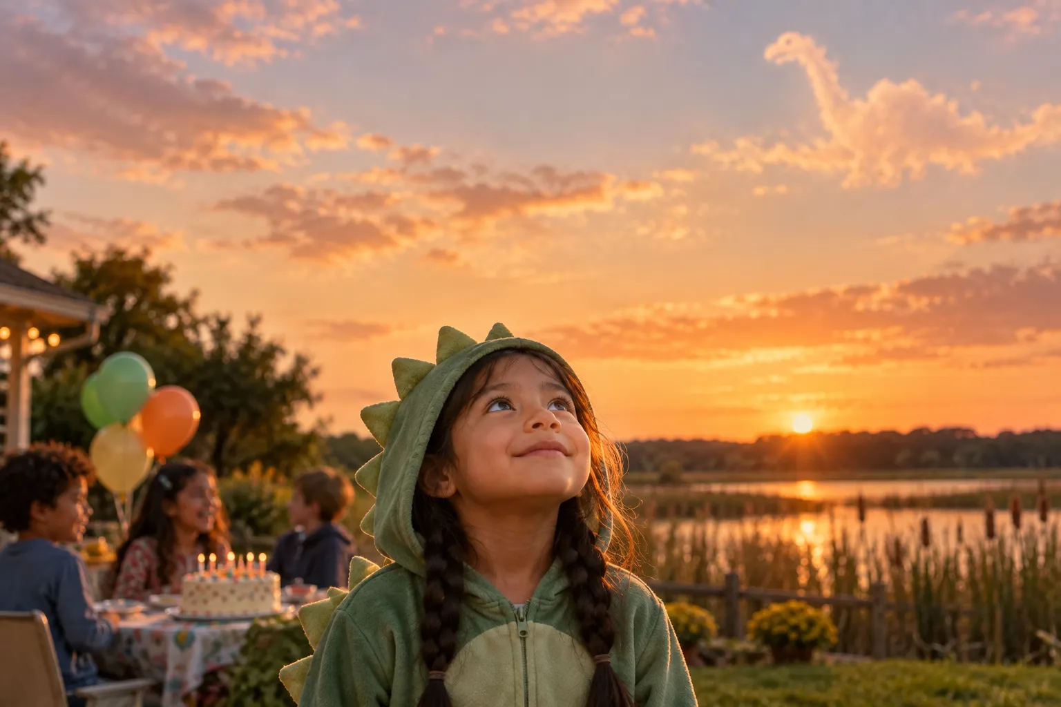 A girl in a dinosaur hoodie at a backyard birthday party in Newark, Delaware, looking up at the sky