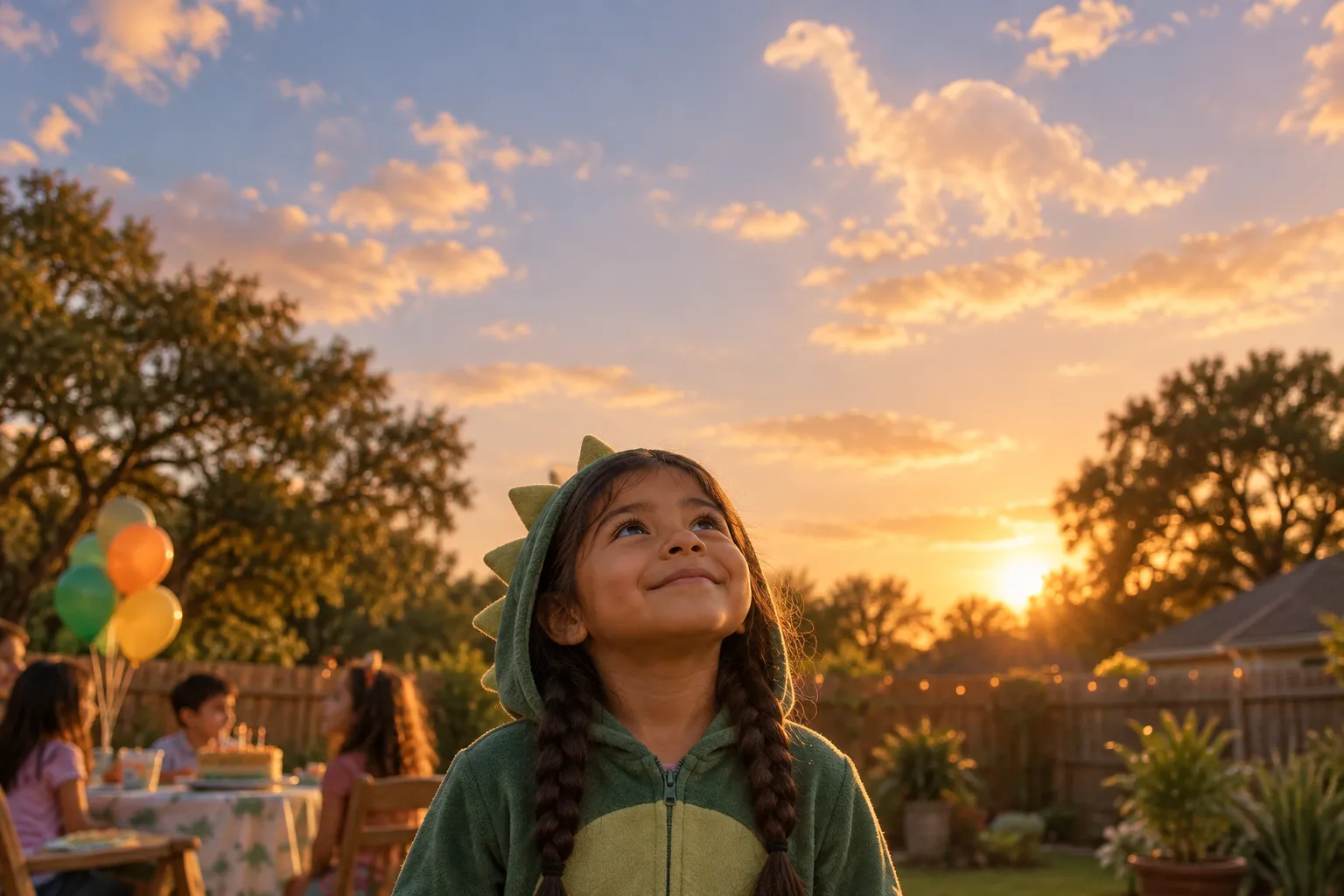A girl in a dinosaur hoodie at a backyard birthday party in Norman, Oklahoma, looking up at the sky