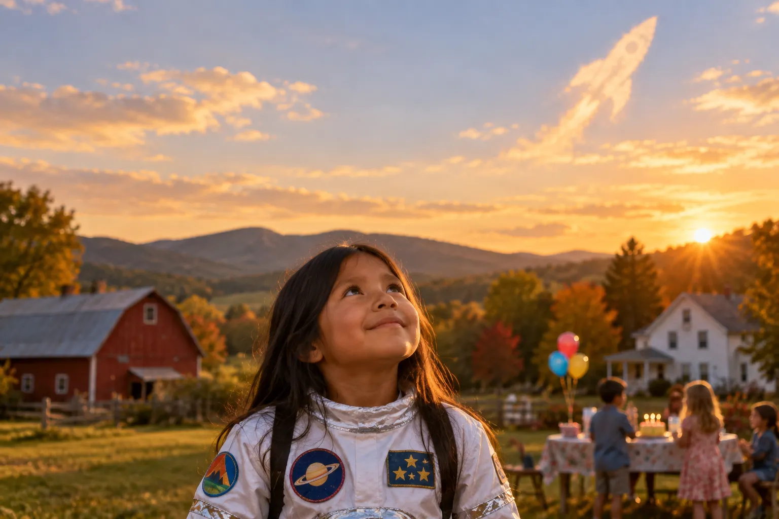 A girl in an astronaut costume at a backyard birthday party in Rutland, Vermont, looking up at the sky