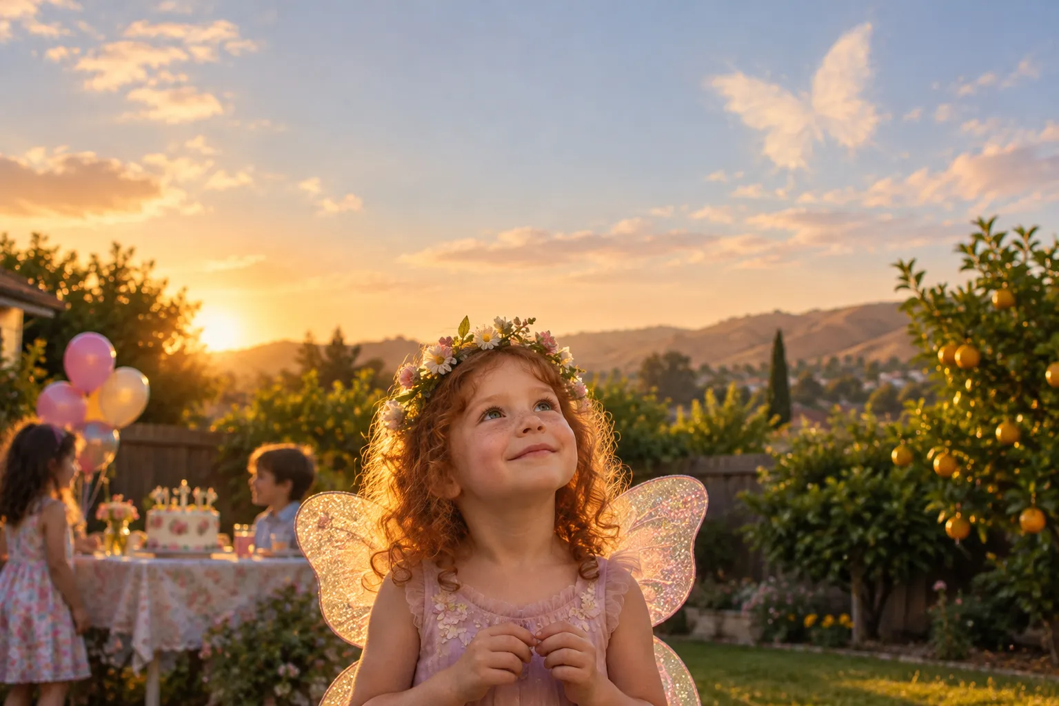 A girl in fairy wings at a backyard birthday party in Santa Clara, California, looking up at the sky