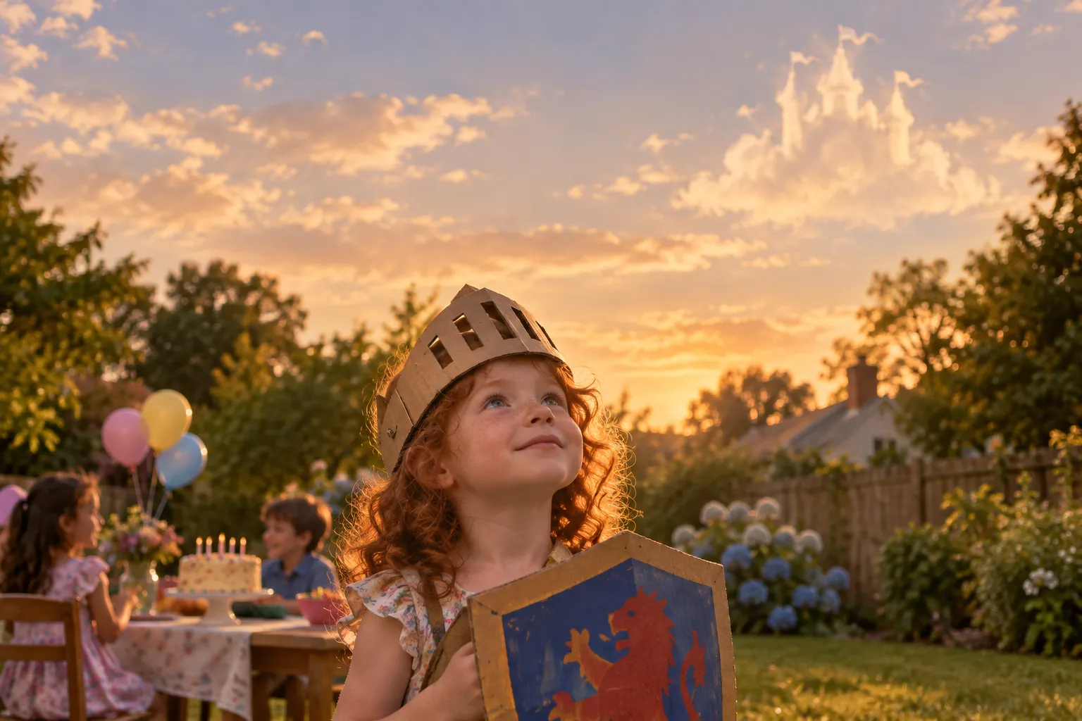 A girl in a knight helmet at a backyard birthday party in Stamford, Connecticut, looking up at the sky