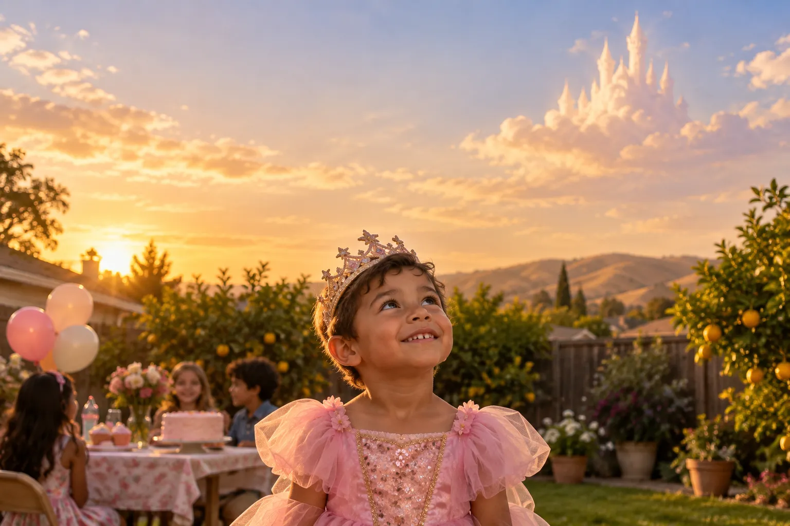 A boy in a paper crown at a backyard birthday party in Tracy, California, looking up at the sky