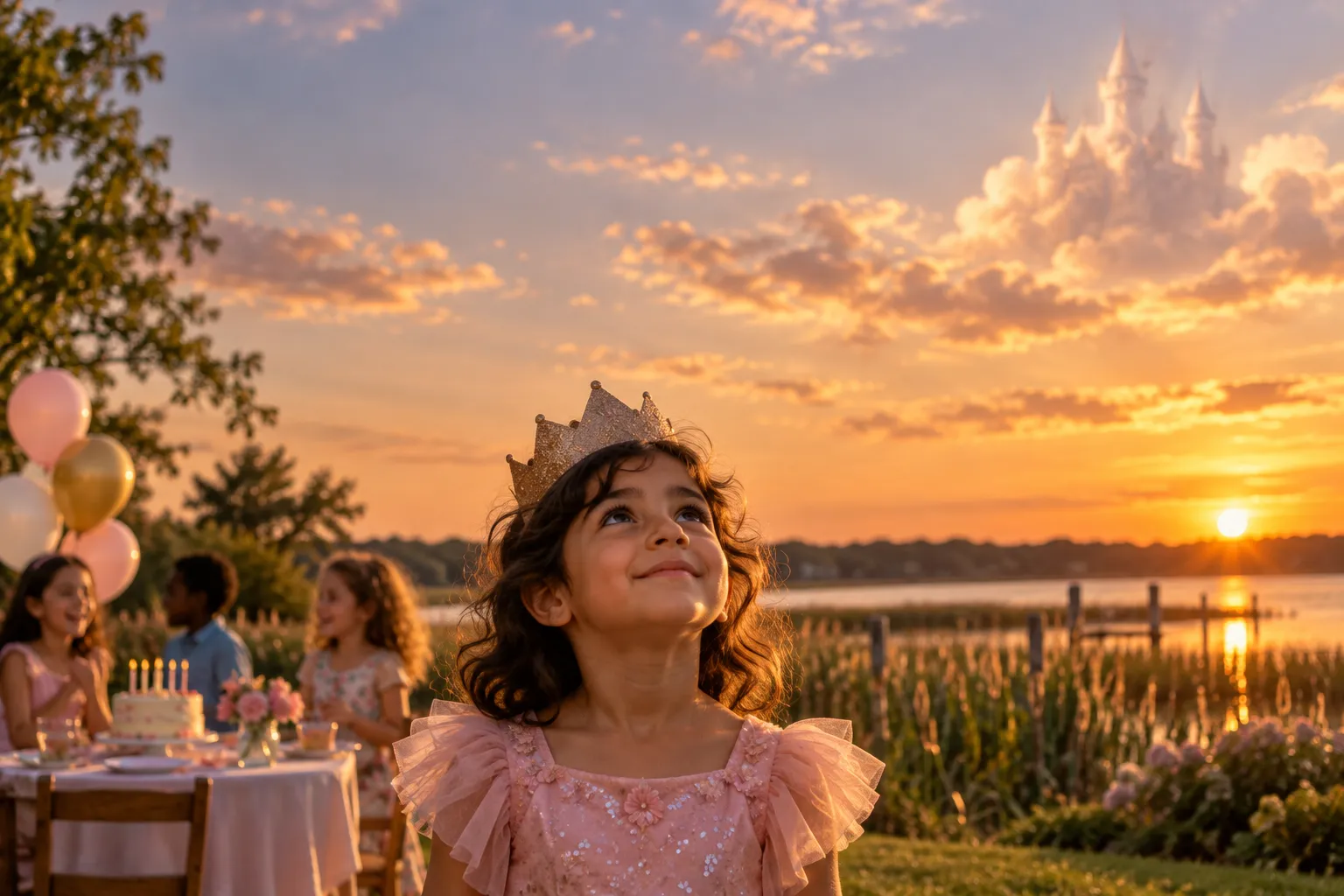A boy in a paper crown at a backyard birthday party in Wilmington, Delaware, looking up at the sky
