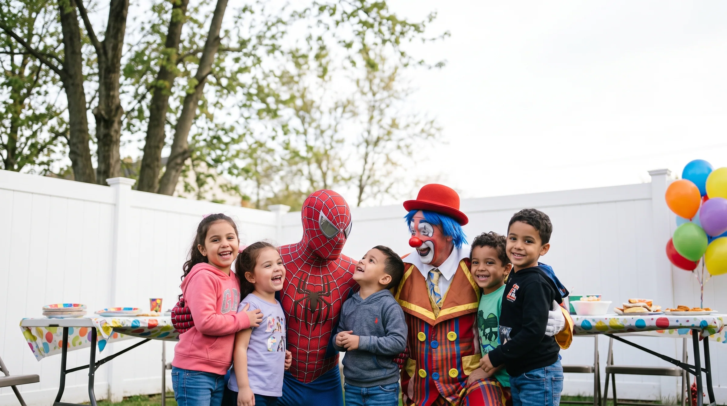 AI-generated illustration of a kids' birthday party with costumed characters in Elizabeth, NJ.