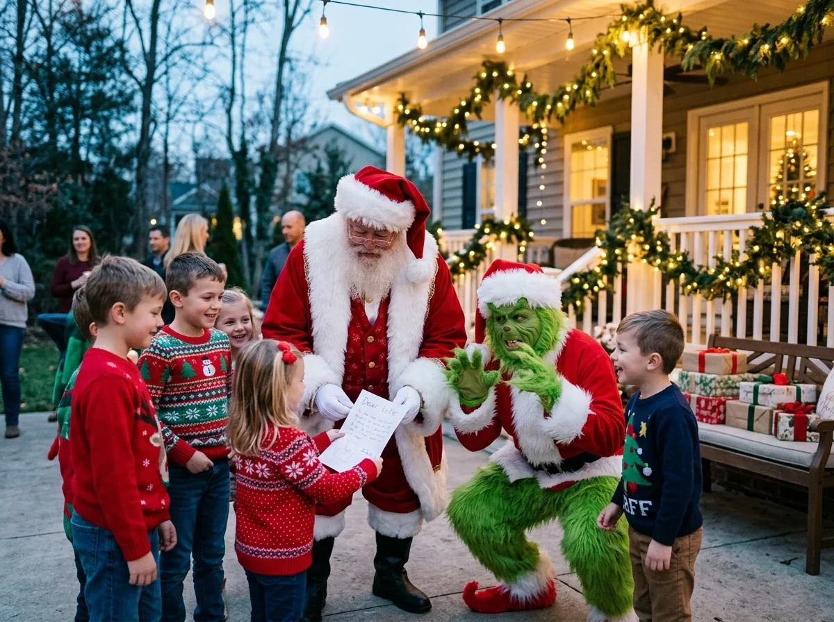 AI-generated illustration of Santa and the Grinch at a holiday party with kids.