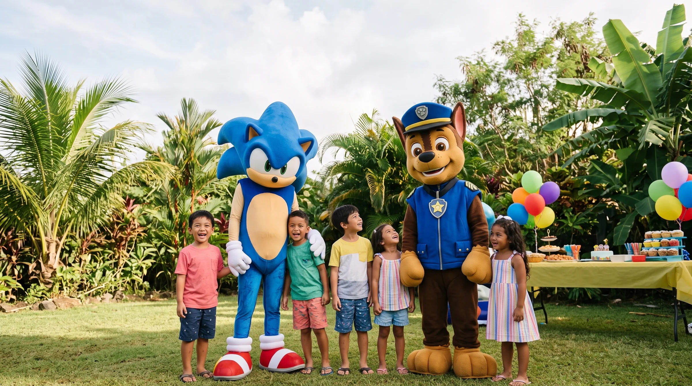 AI-generated illustration of a kids' birthday party with costumed characters in Guam.