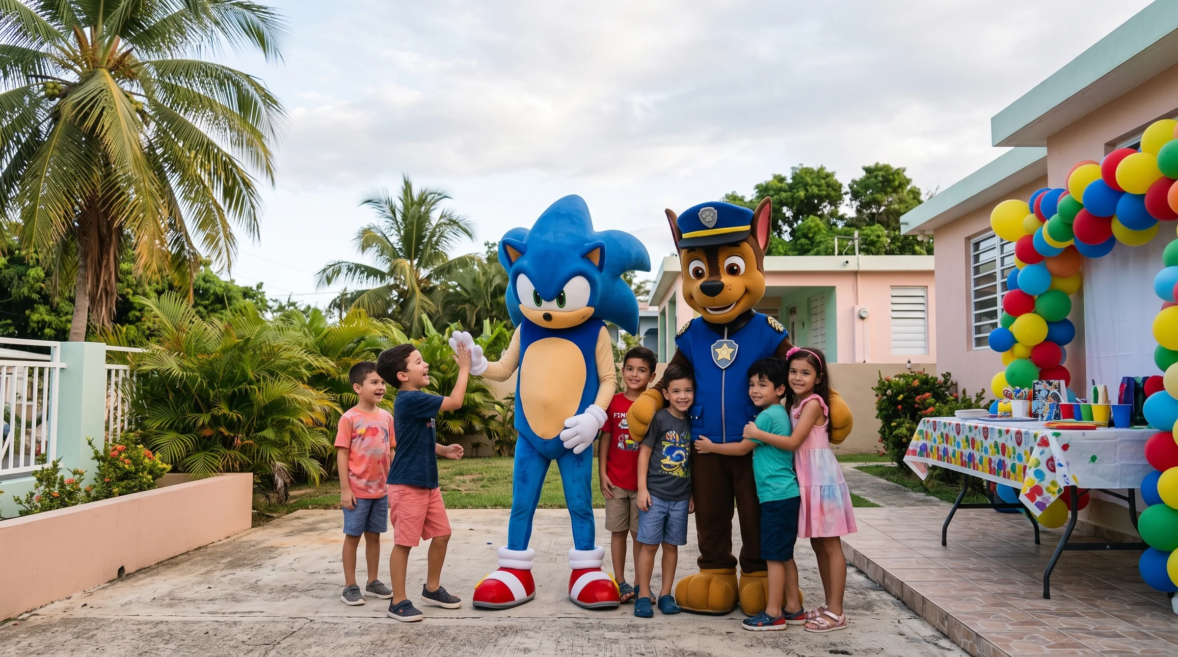 AI-generated illustration of a kids' birthday party with costumed characters in Puerto Rico.
