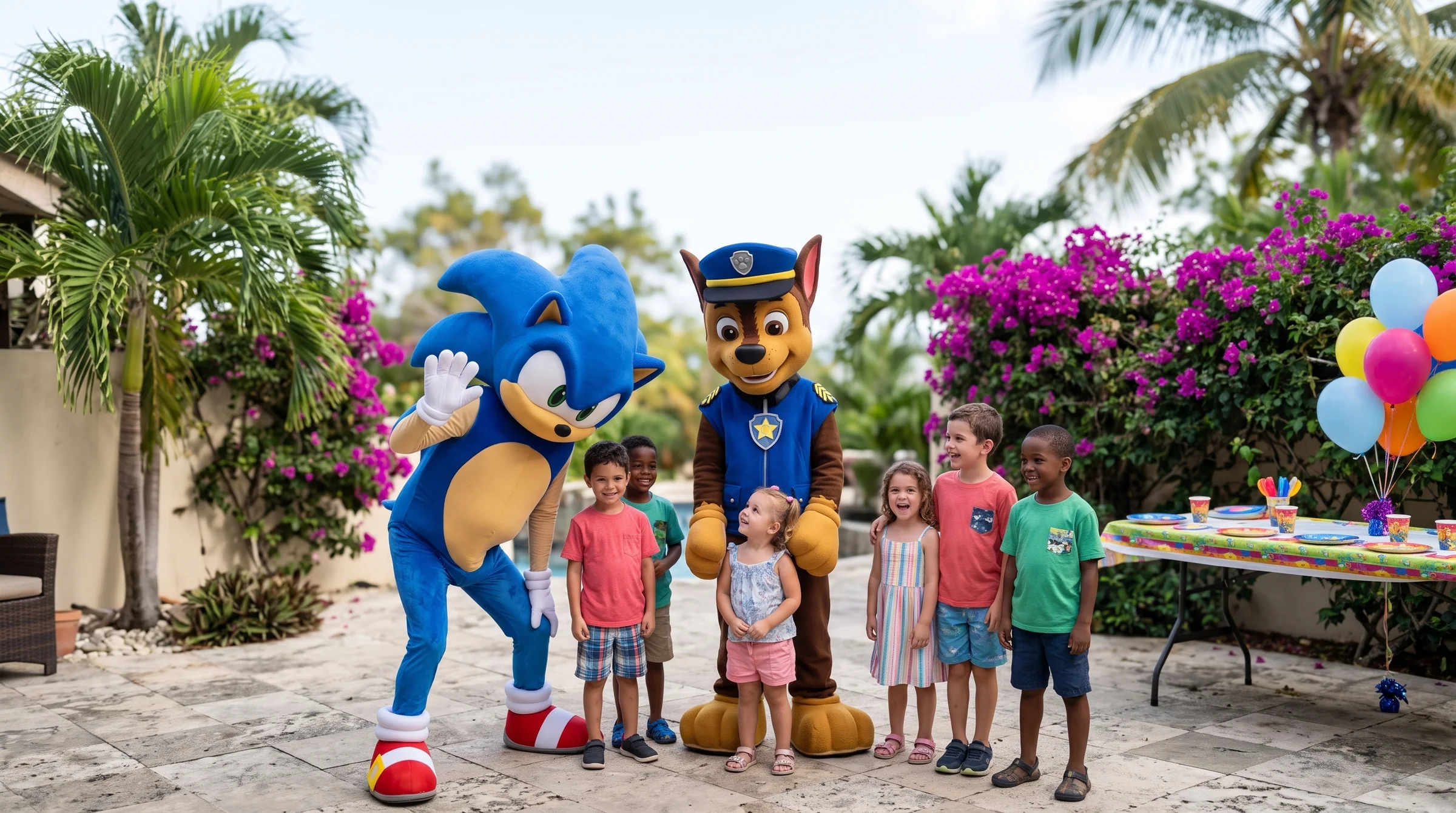 AI-generated illustration of a kids' birthday party with costumed characters in the U.S. Virgin Islands.