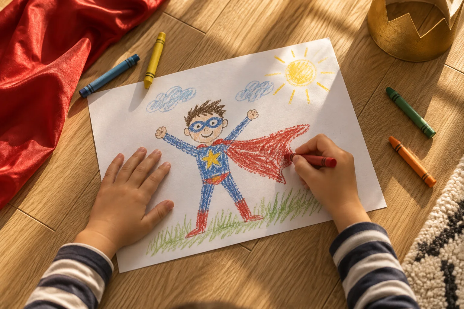 A child’s hands drawing a superhero in crayon