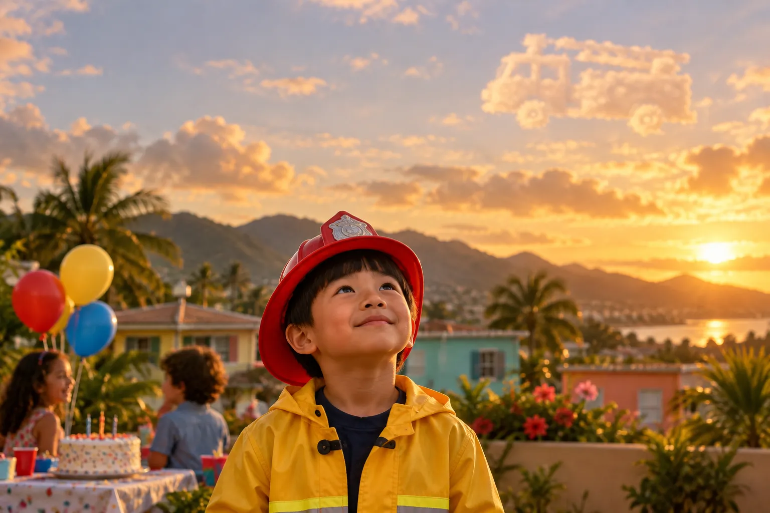 A boy in a firefighter helmet at a backyard birthday party in Puerto Rico, looking up at the sky