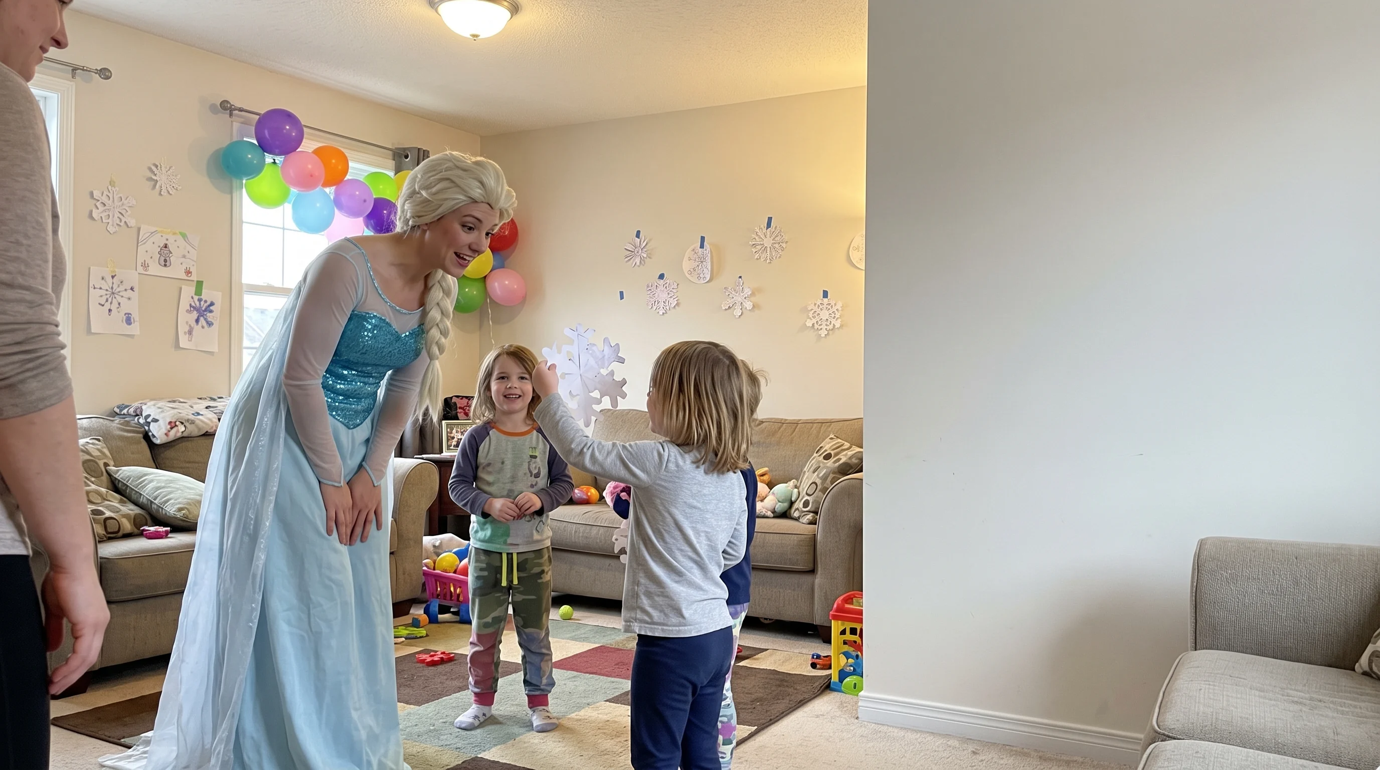 An Elsa costume entertainer shares a paper-snowflake moment with a child. AI-generated party illustration.